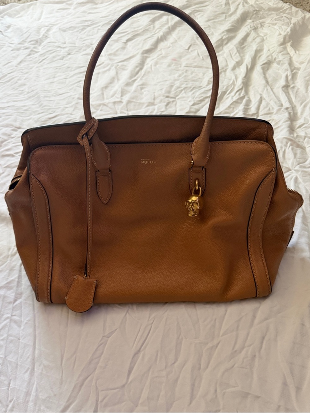 Alexander McQueen Tan Leather Shoulder Bag with Gold Skull Charm